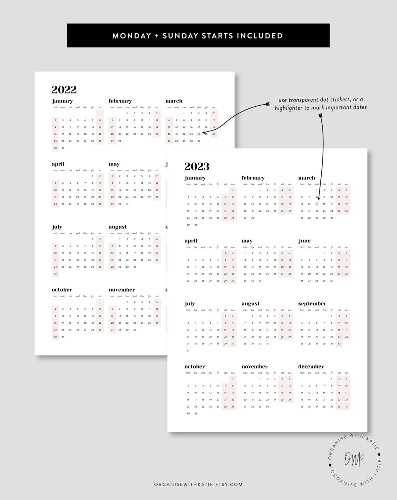 2022 2023 A5 Rings Calendar Printable Year At A Glance Etsy