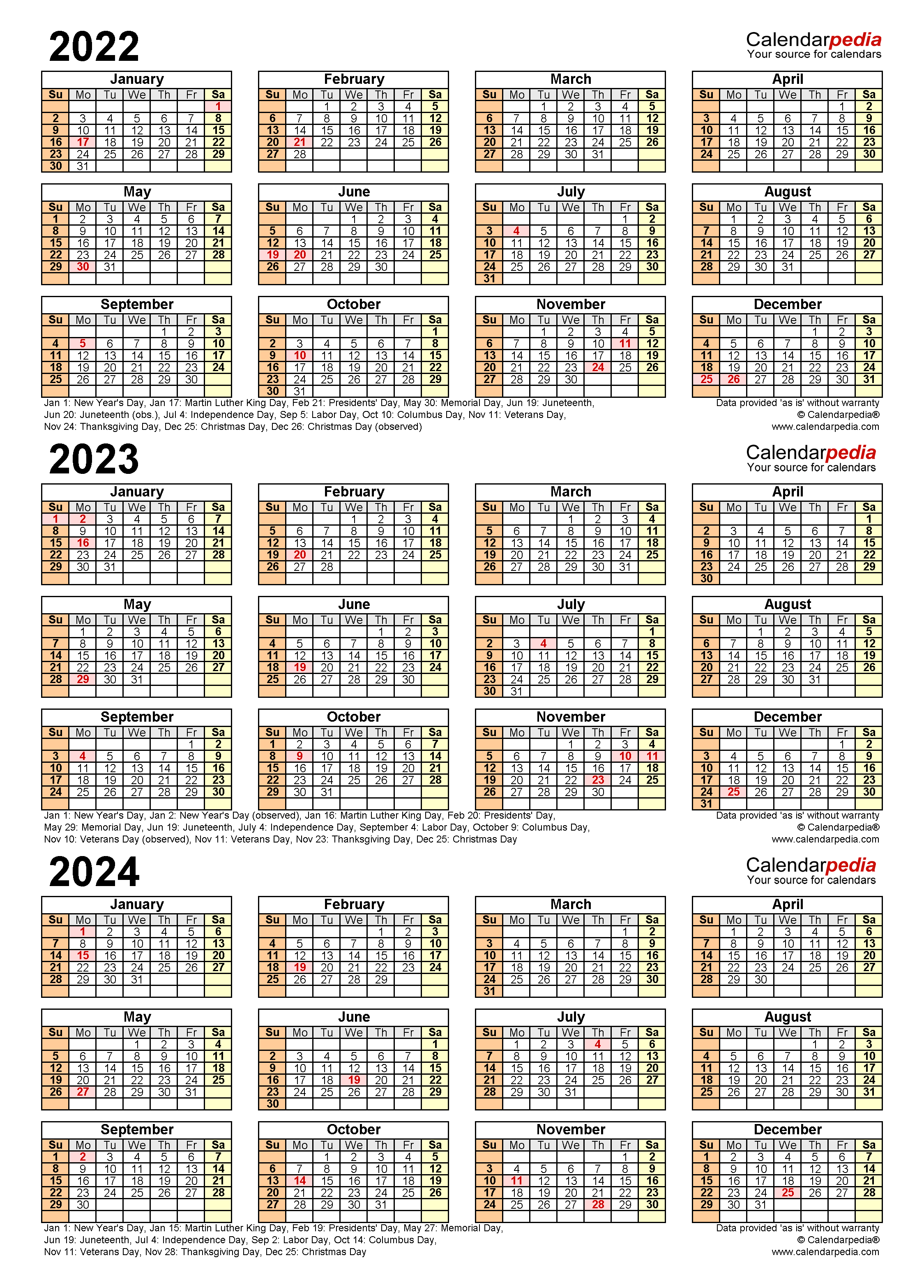 2022 2024 Three Year Calendar Free Printable Excel Templates