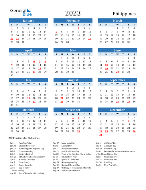 2023 Philippines Calendar With Holidays