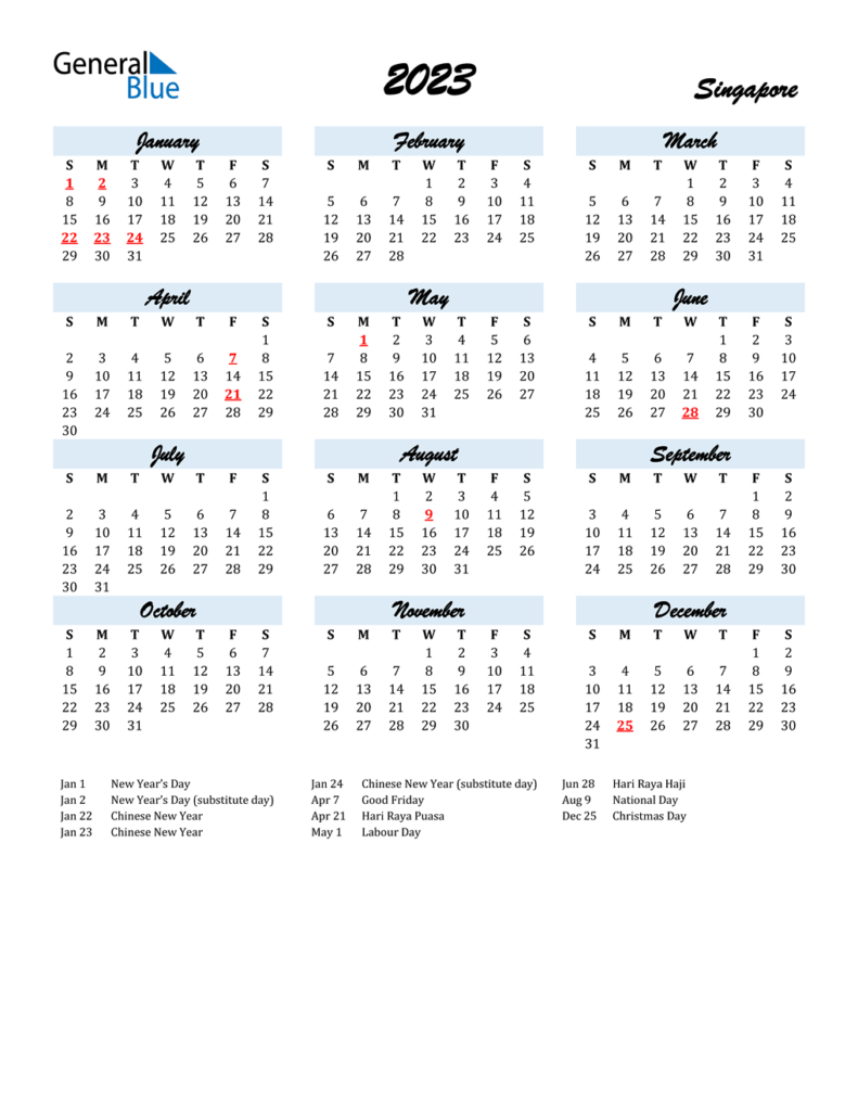 2023 Singapore Calendar With Holidays