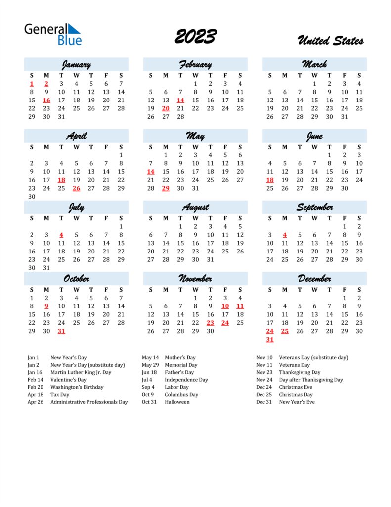 2023 United States Calendar With Holidays