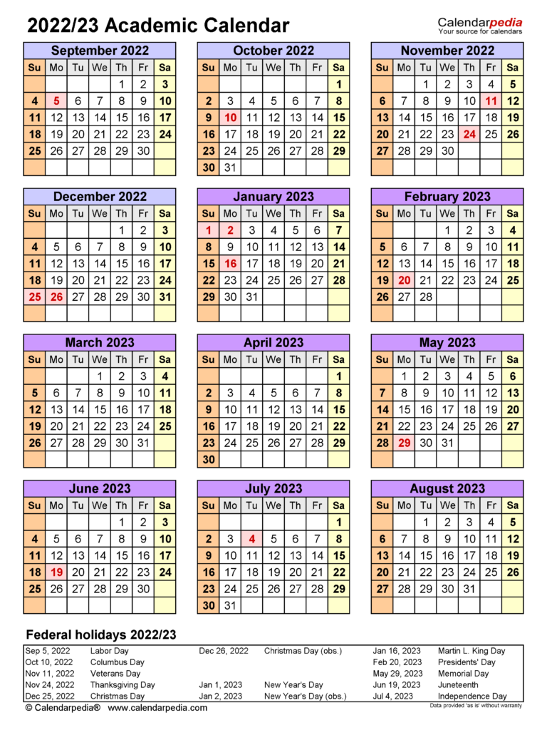 Academic Calendars 2022 2023 Free Printable Word Templates