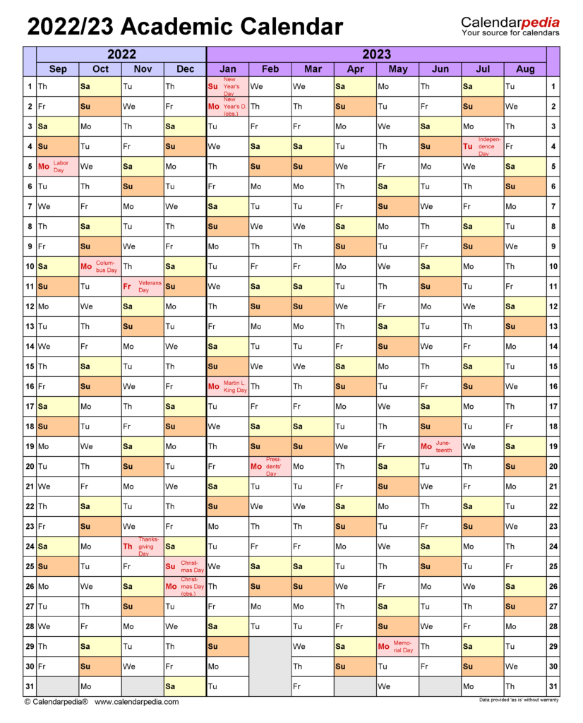 Academic Calendars 2022 2023 Free Printable Word Templates