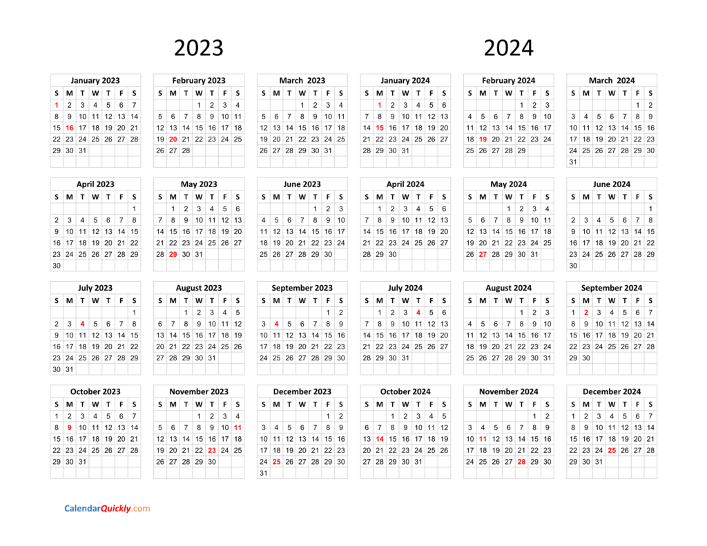 Calendar 2023 And 2024 On One Page Calendar Quickly