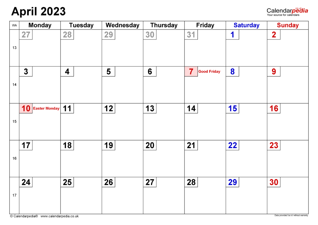 Calendar April 2023 UK With Excel Word And PDF Templates