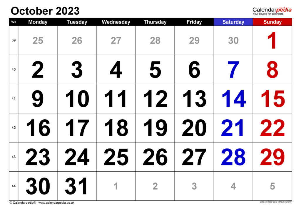 Calendar October 2023 UK With Excel Word And PDF Templates