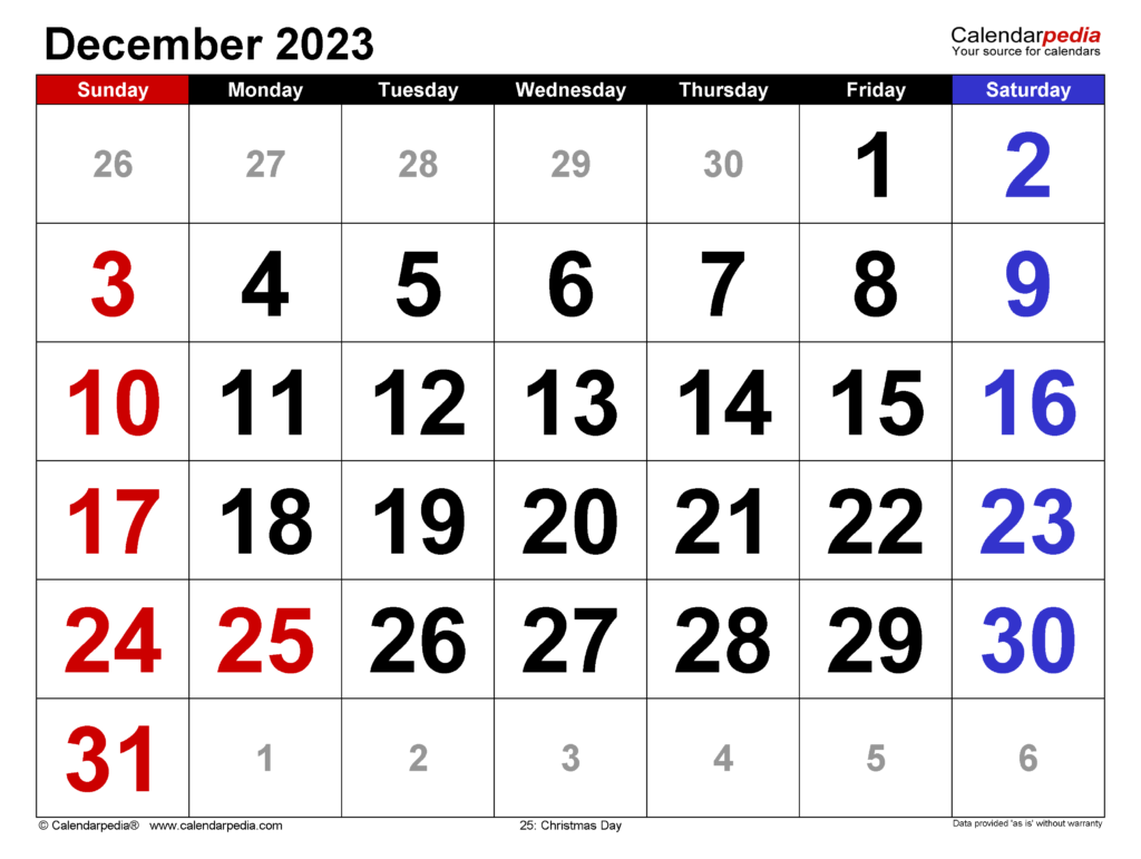 December 2023 Calendar Templates For Word Excel And PDF