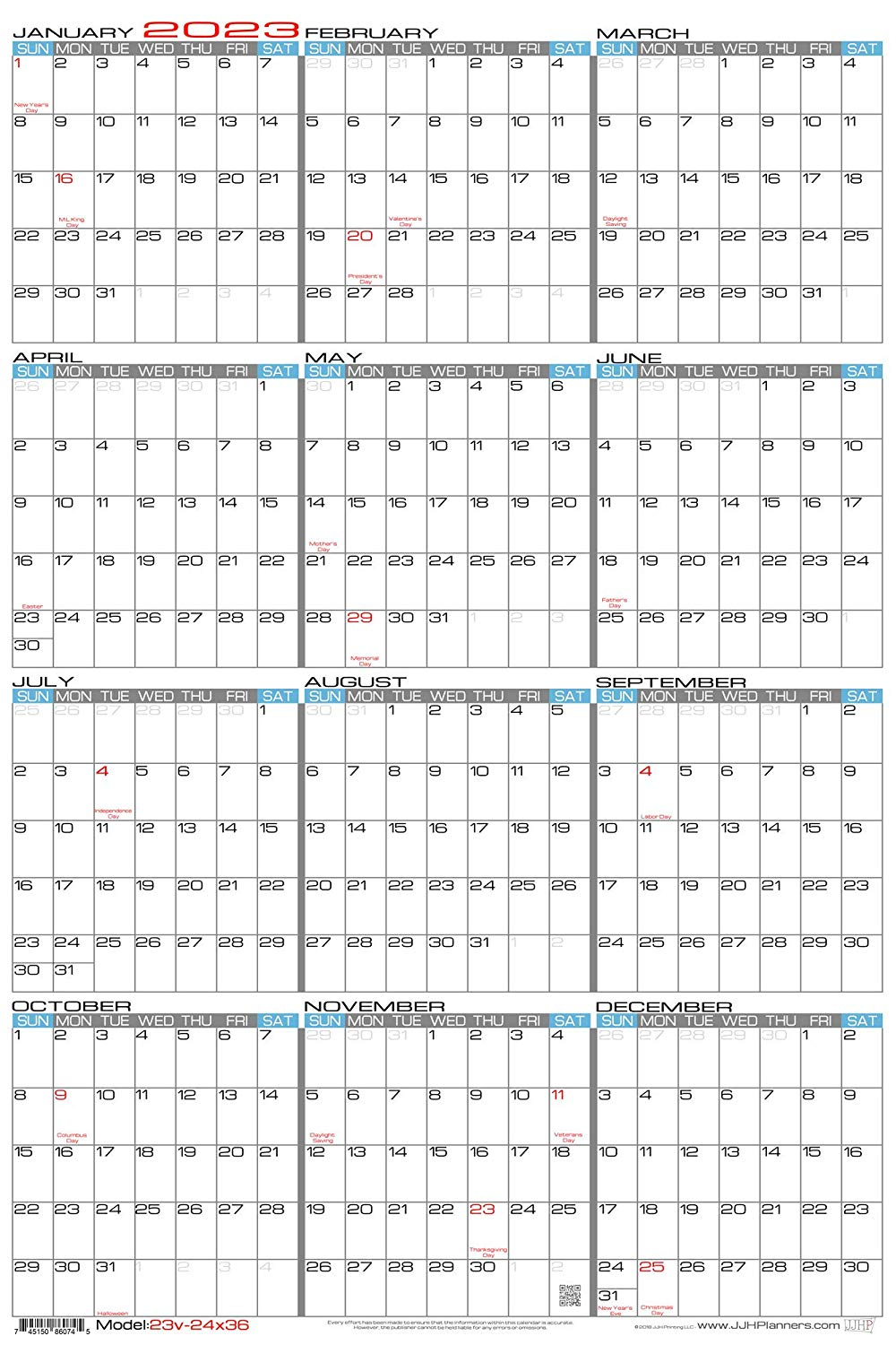 JJH Planners Laminated 24 quot X 36 quot Large 2023 Erasable Wall Calendar