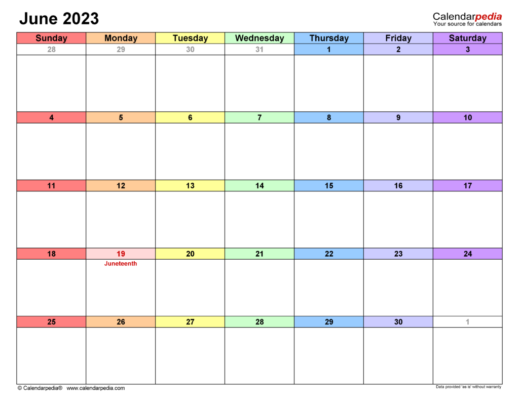 June 2023 Calendar Templates For Word Excel And PDF