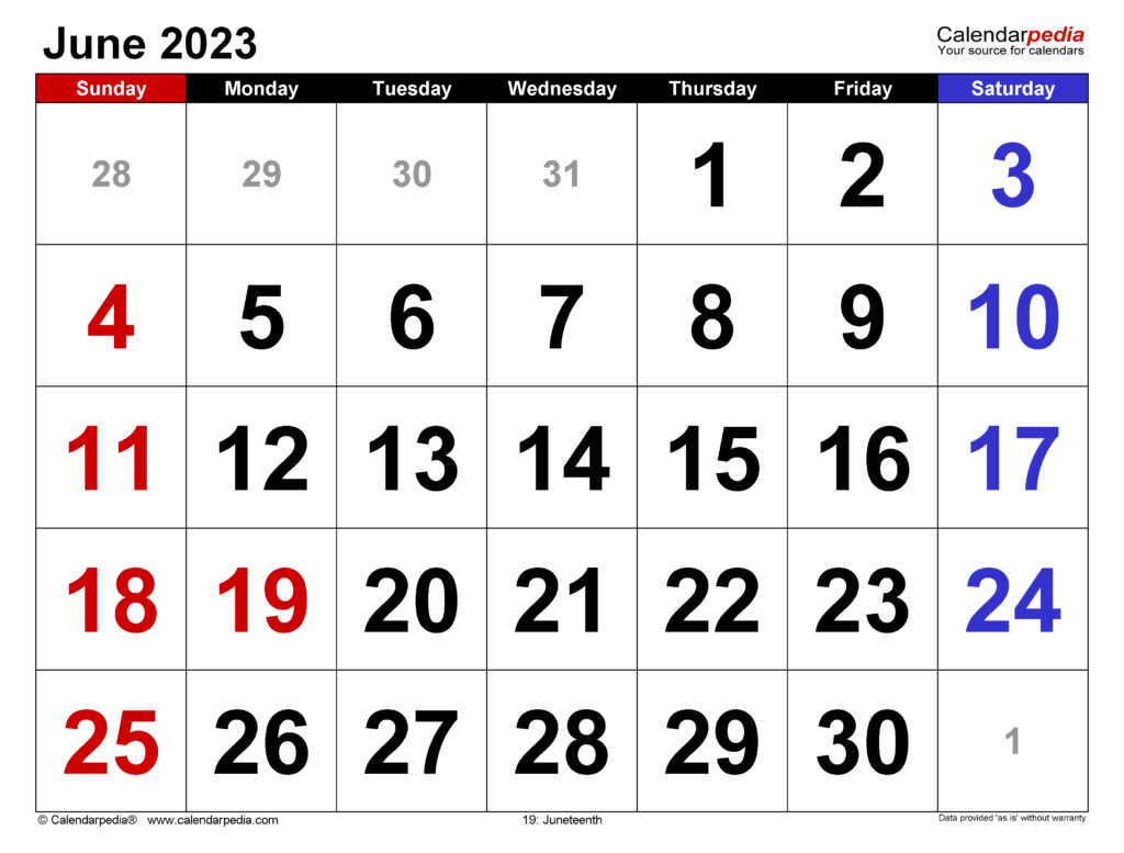 June 2023 Calendar Templates For Word Excel And PDF