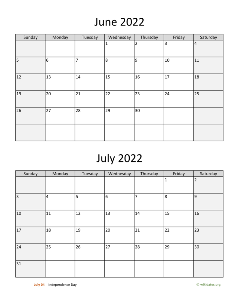 June And July 2022 Calendar WikiDates