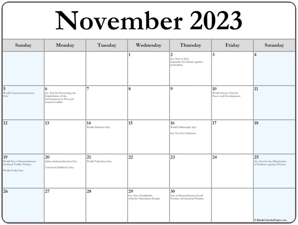 November 2023 With Holidays Calendar