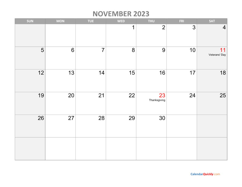 November Calendar 2023 With Holidays Calendar Quickly