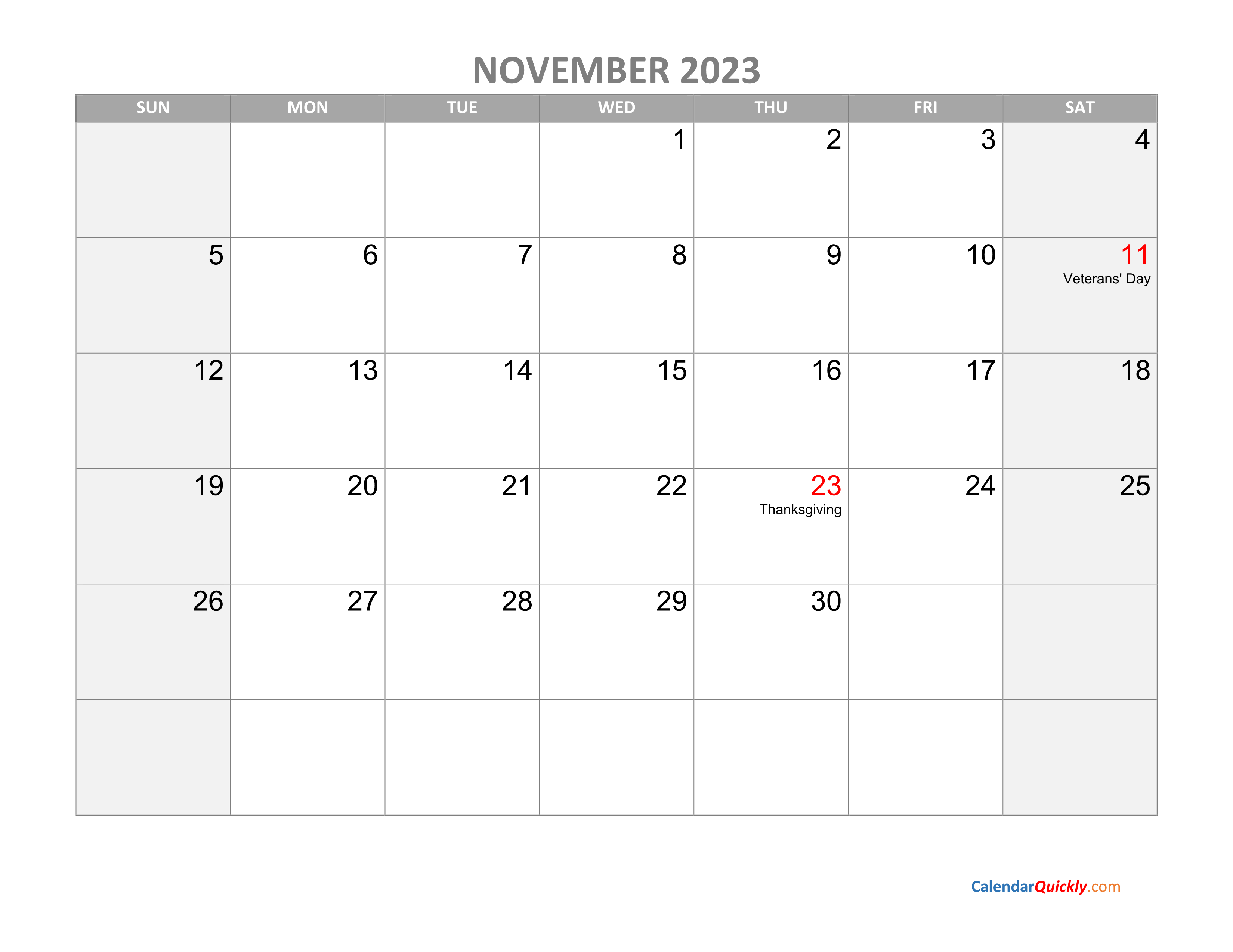 November Calendar 2023 With Holidays Calendar Quickly