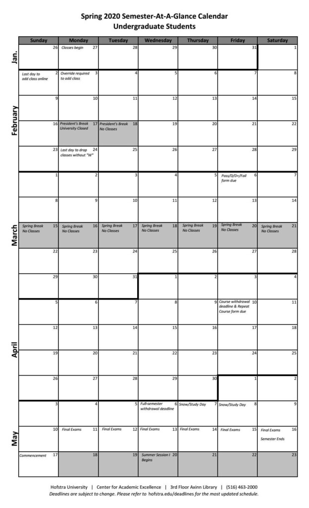 Spring 2020 Semester At A Glance Calendar Undergraduate Students By 