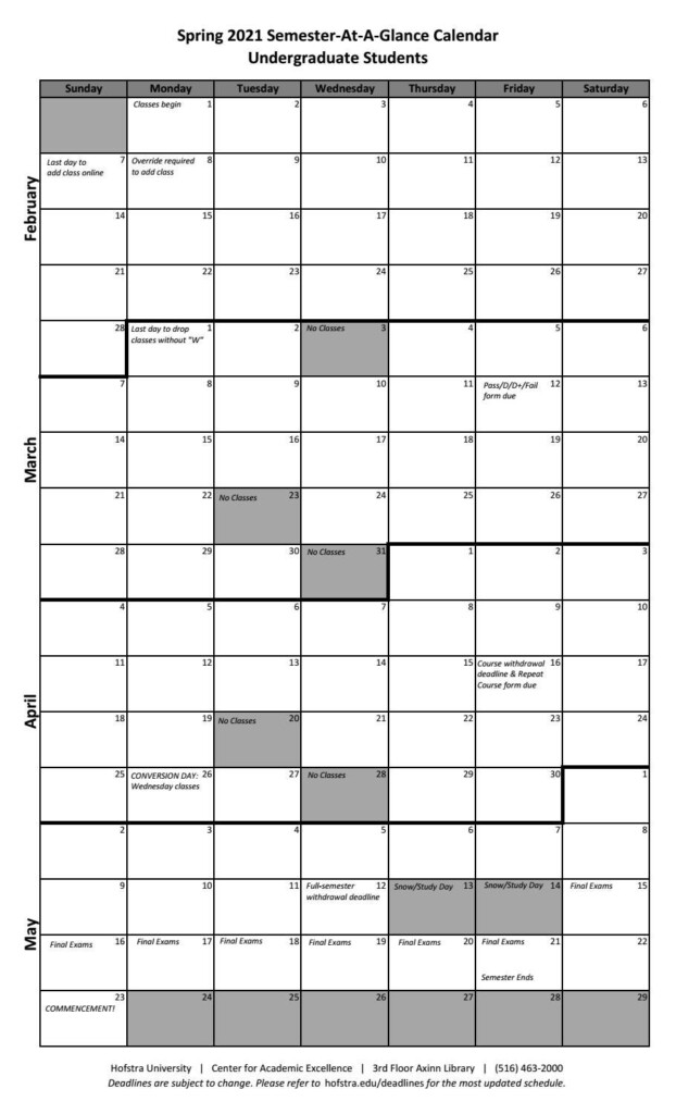 Spring Semester At A Glance Calendar Undergraduate Students By Hofstra 