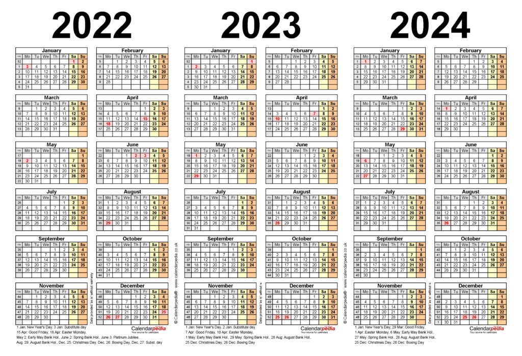 Three Year Calendars For 2022 2023 2024 UK For Excel