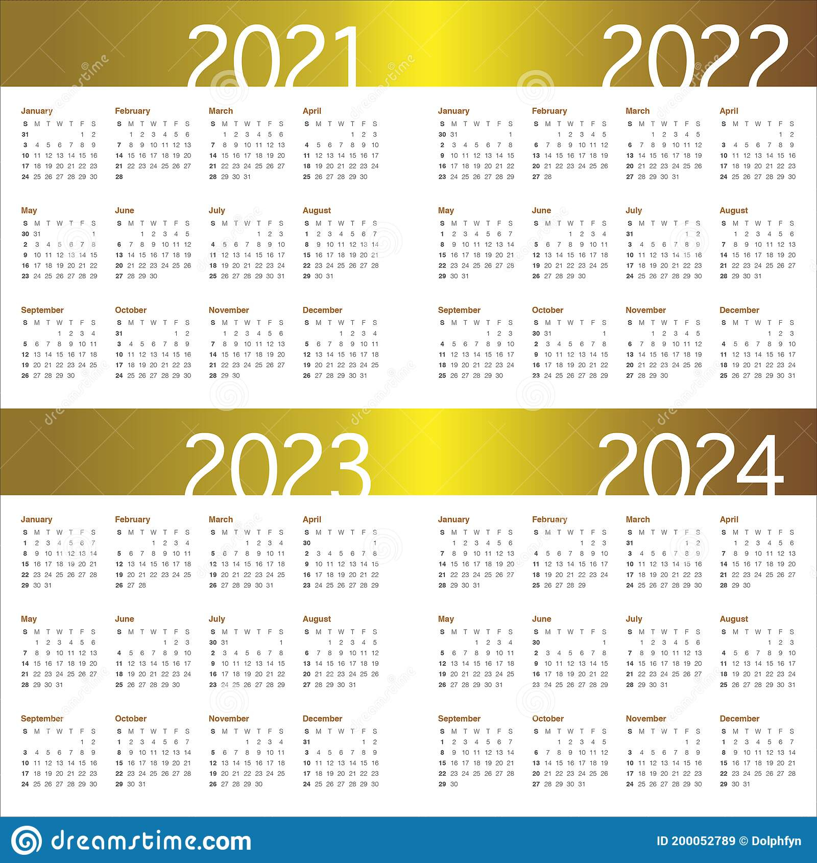 Year 2021 2022 2023 2024 Calendar Vector Design Template Stock Vector