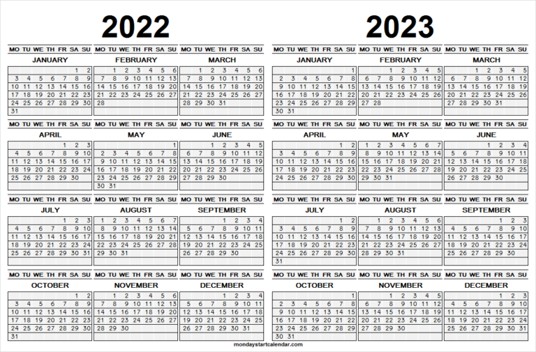 2022 2023 Printable Calendar With Holidays Two Year Calendar