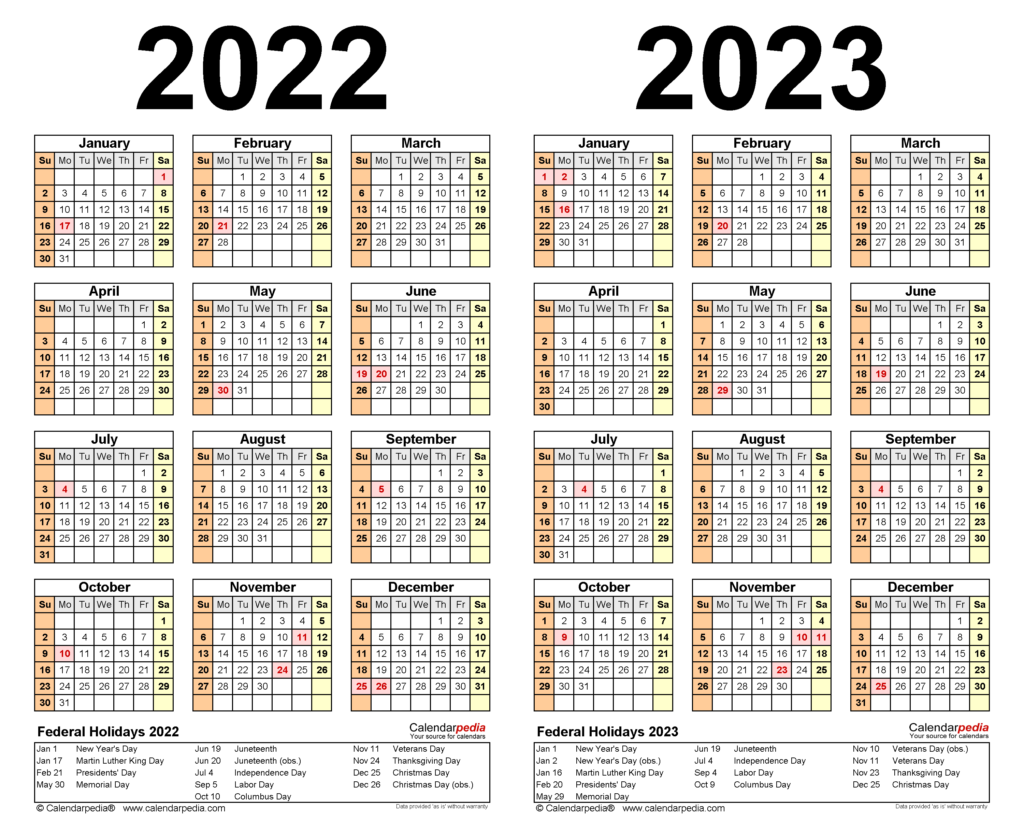 2022 2023 Two Year Calendar Free Printable Word Templates