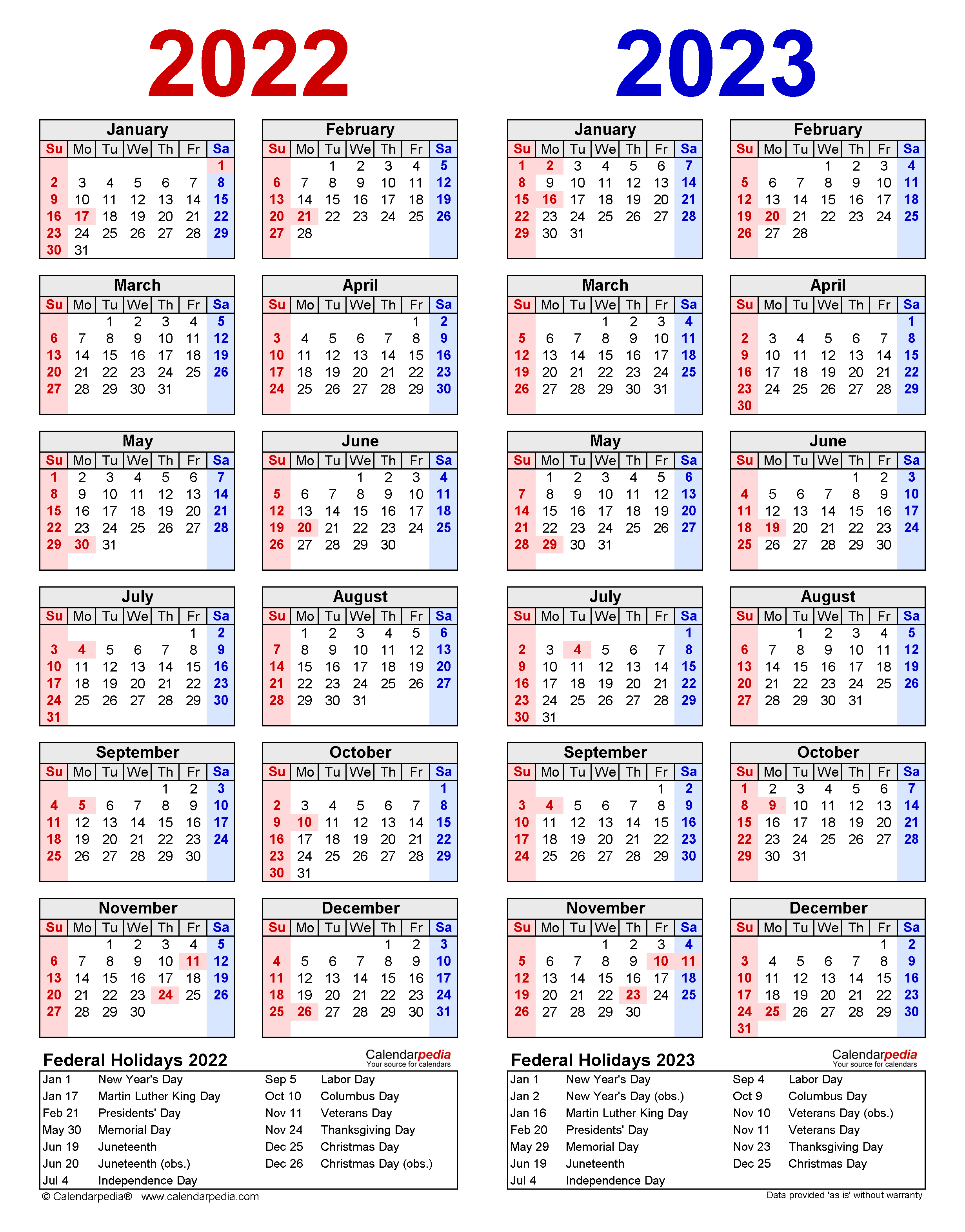 2022 2023 Two Year Calendar Free Printable Word Templates