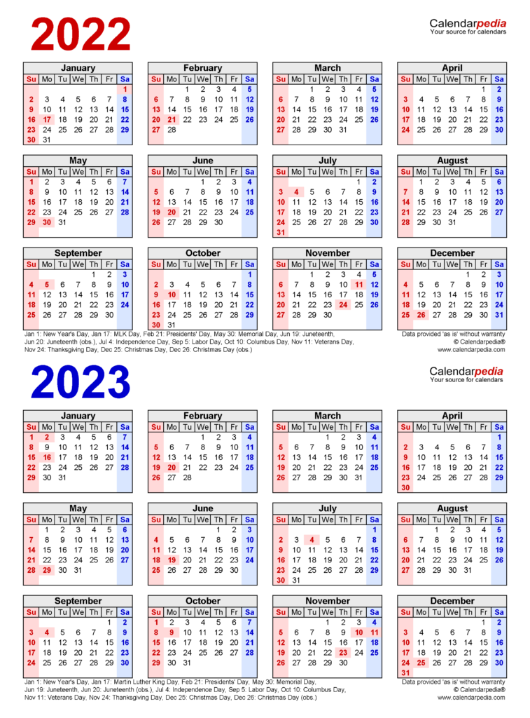 2022 2023 Two Year Calendar Free Printable Word Templates