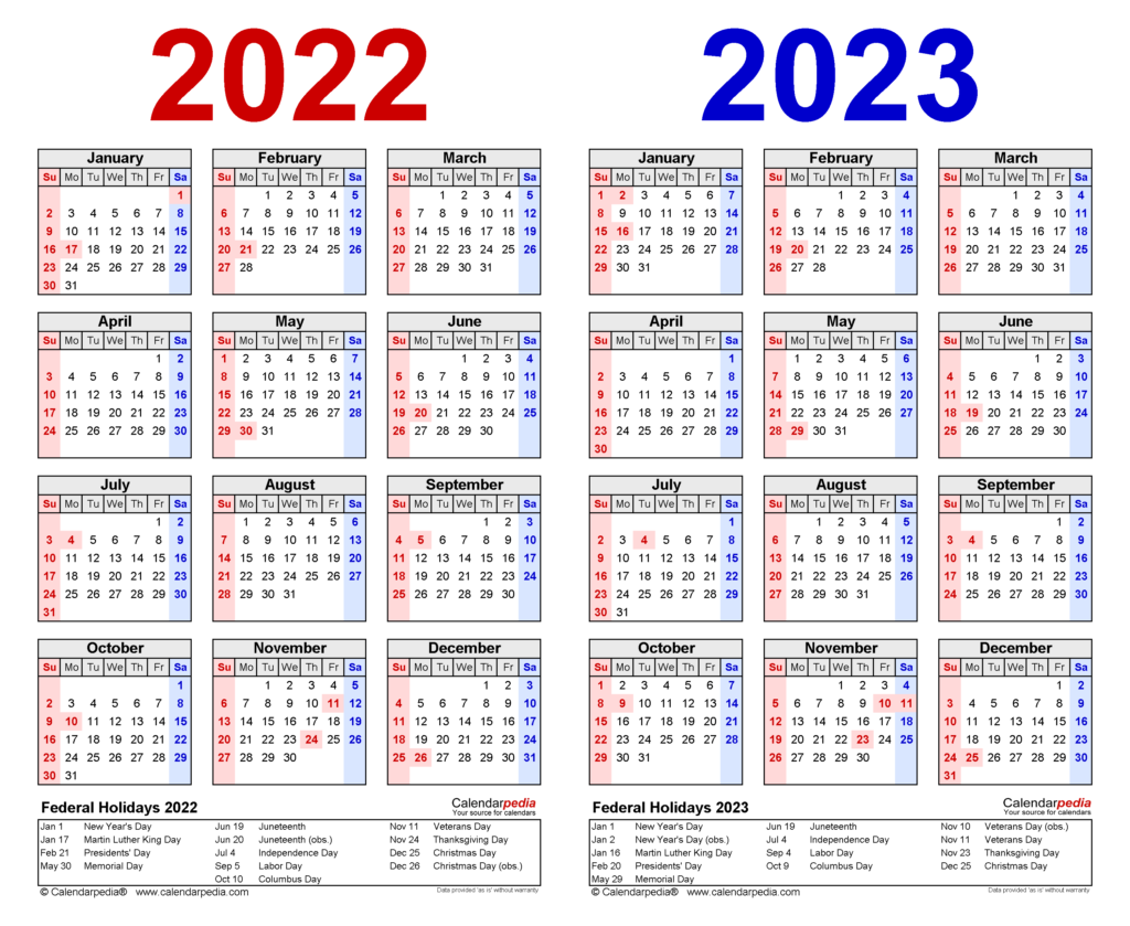 2022 2023 Two Year Calendar Free Printable Word Templates