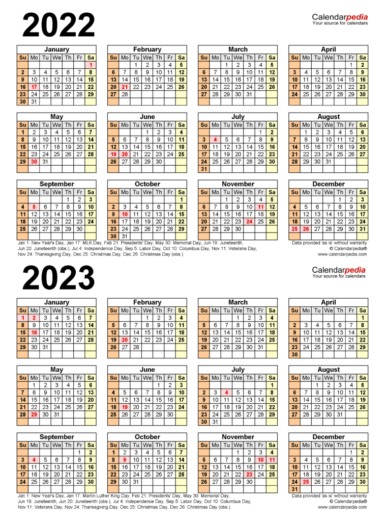 2022 2023 Two Year Calendar Free Printable Word Templates