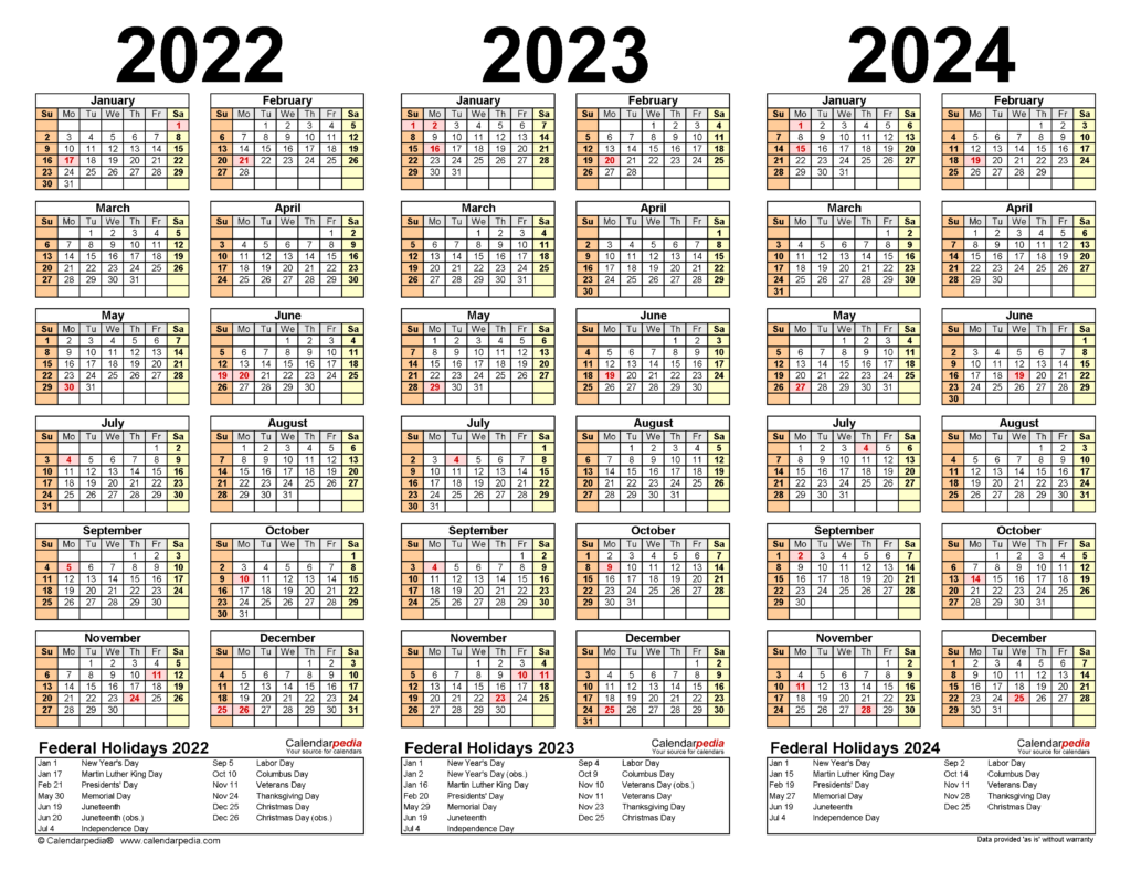 2022 2024 Three Year Calendar Free Printable PDF Templates