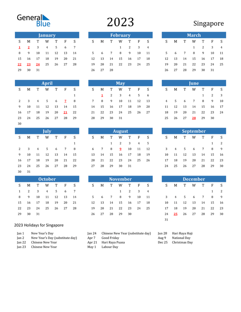 2023 Calendar Singapore Cristtre