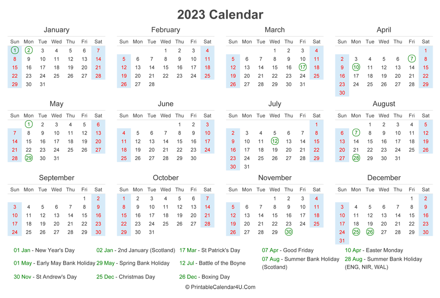 2023 Calendar With UK Bank Holidays At Bottom Landscape Layout 