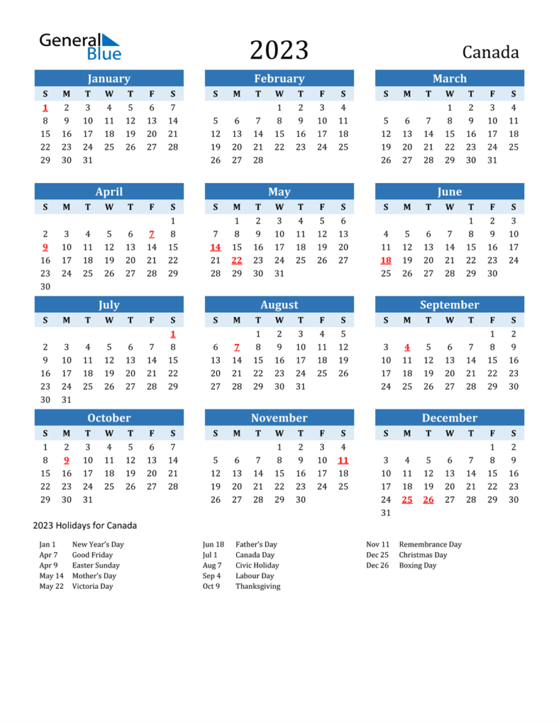 2023 Canada Calendar With Holidays