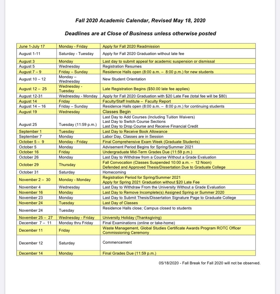 A t Academic Calendar 2020 Month Calendar Printable