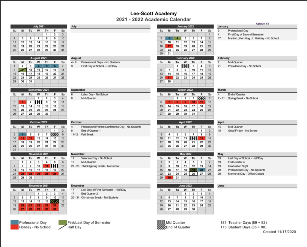 Academic Calendar Lee Scott Academy