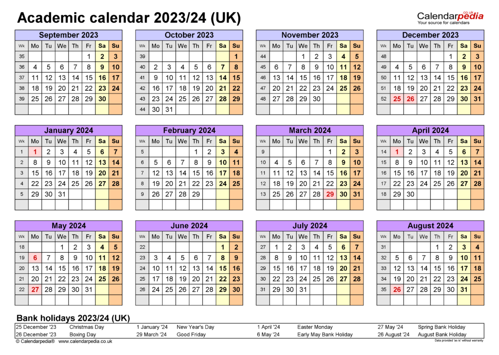 Academic Calendars 2023 24 UK Free Printable Excel Templates