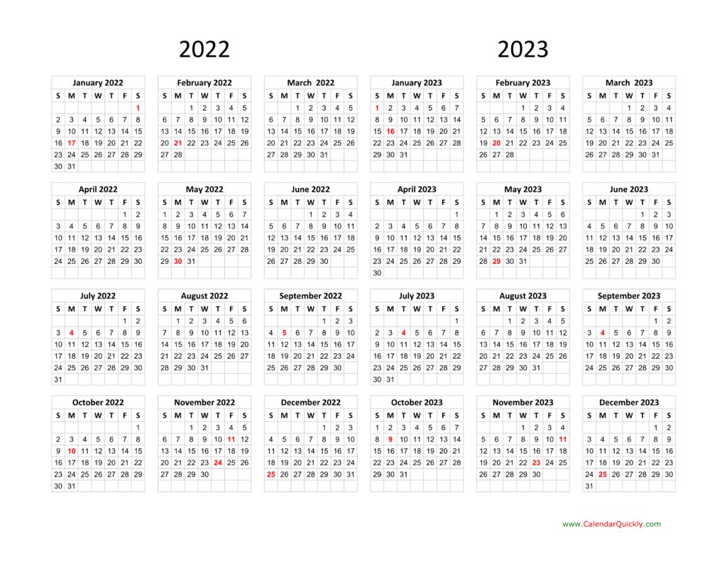 Calendar 2022 And 2023 On One Page Calendar Quickly