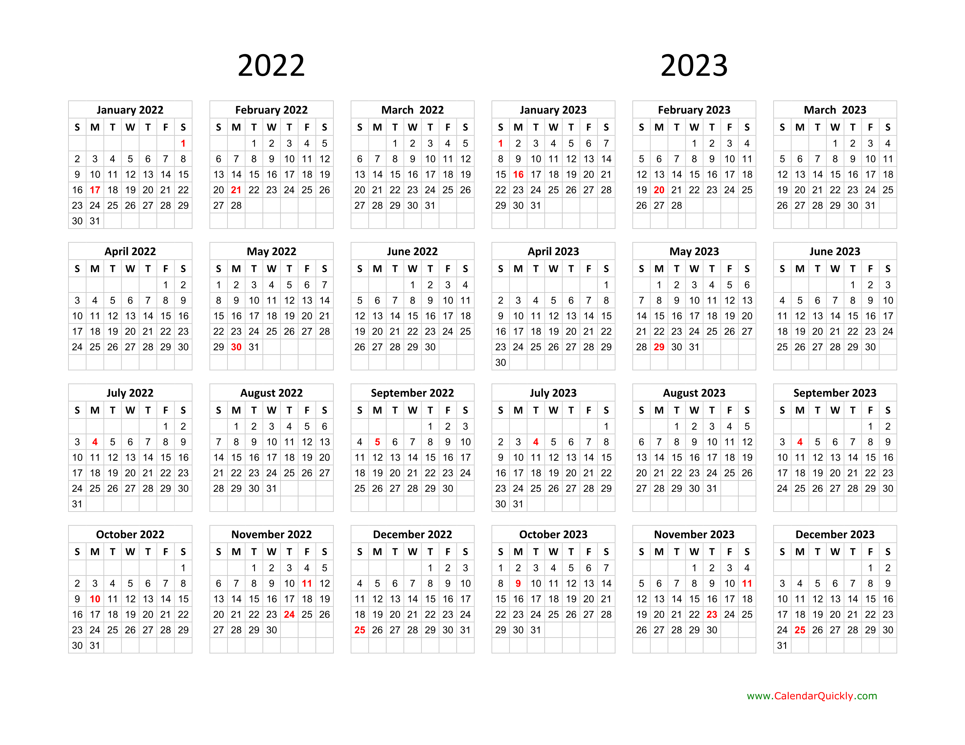 Calendar 2022 And 2023 On One Page Calendar Quickly