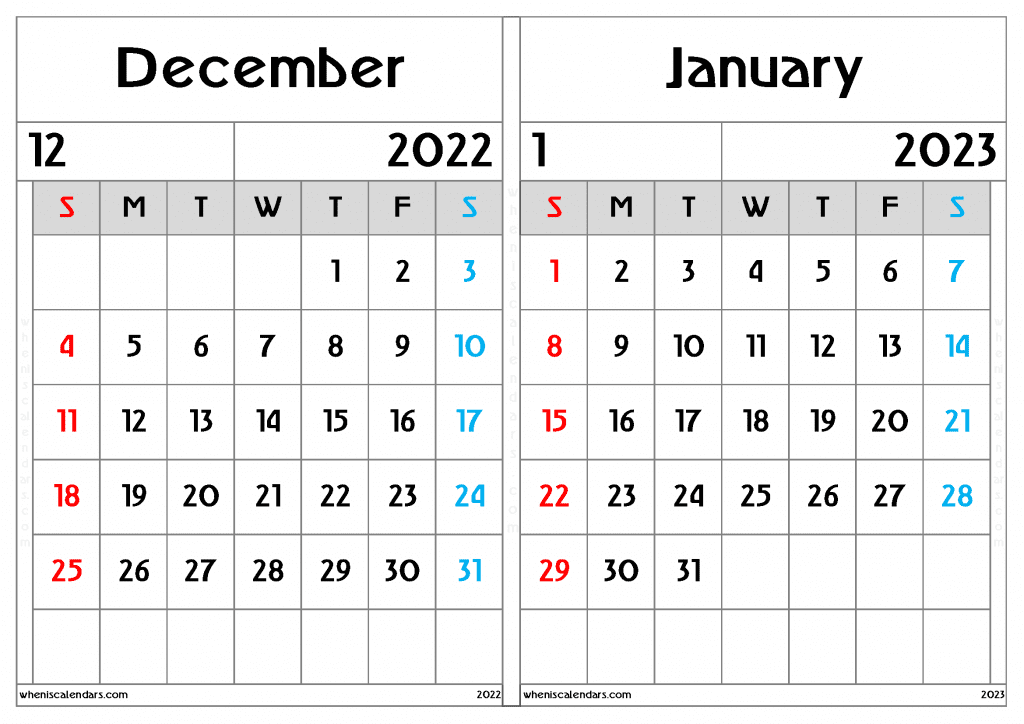 Free December 2022 January 2023 Calendar Printable Two Month On A 