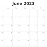 June 2023 Blank Monthly Calendar