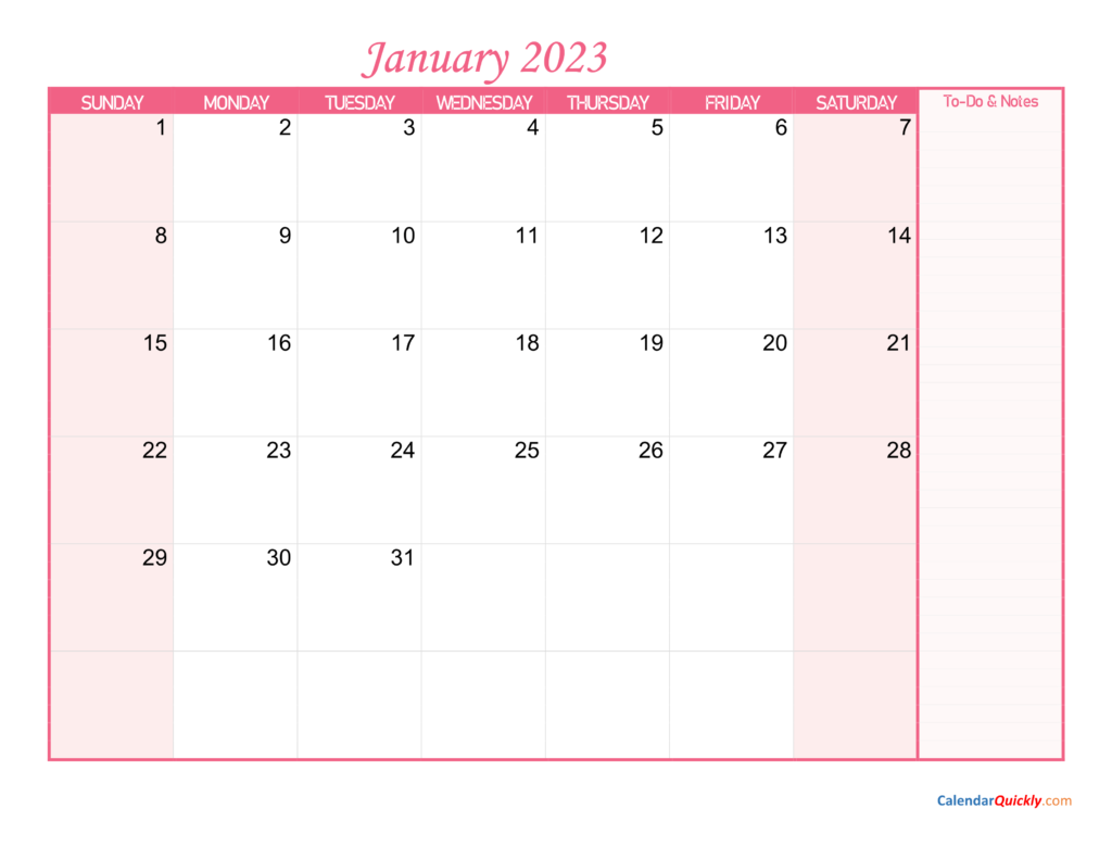 Monthly Calendar 2023 With Notes Calendar Quickly