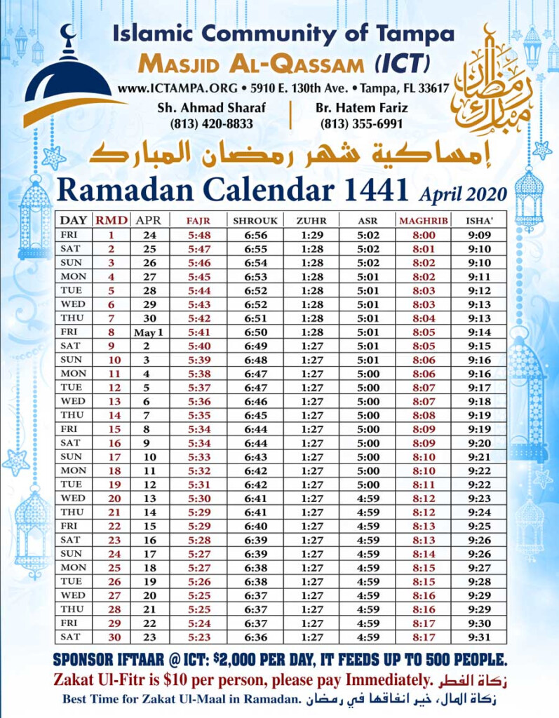 Ramadan Calendar 2020 Islamic Community Of Tampa
