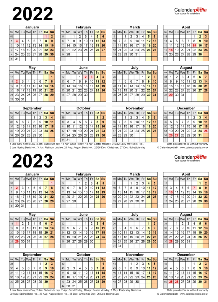 Two Year Calendars For 2022 2023 UK For Word