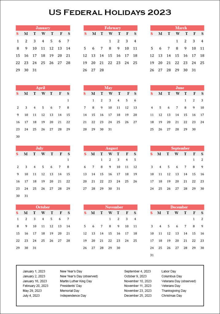 US Calendar 2023 With Federal Holidays Archives The Holidays Calendar