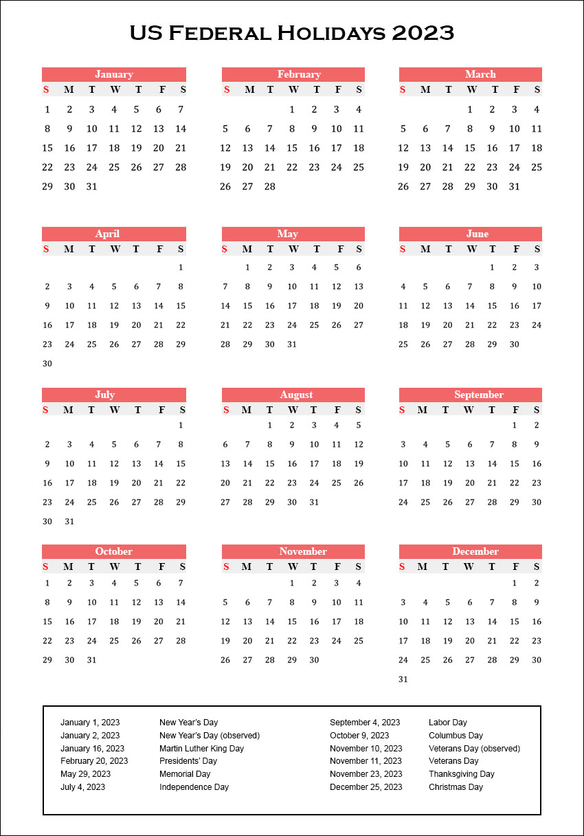 US Calendar 2023 With Federal Holidays Archives The Holidays Calendar