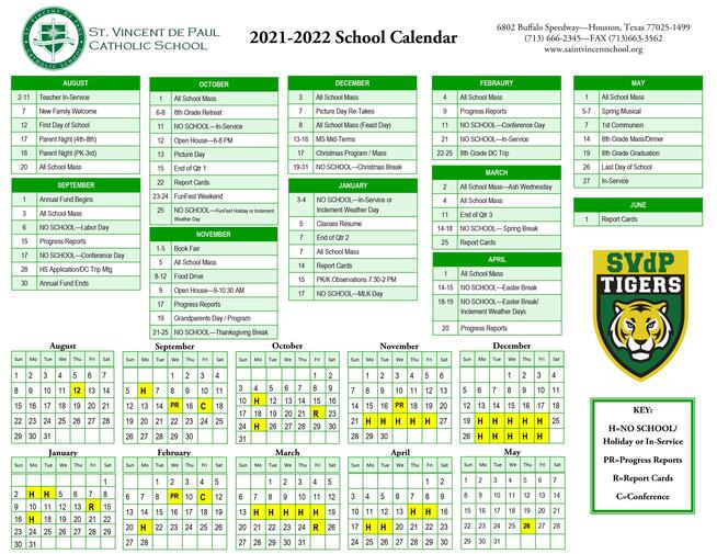 2021 2022 School Calendar St Vincent De Paul Catholic School