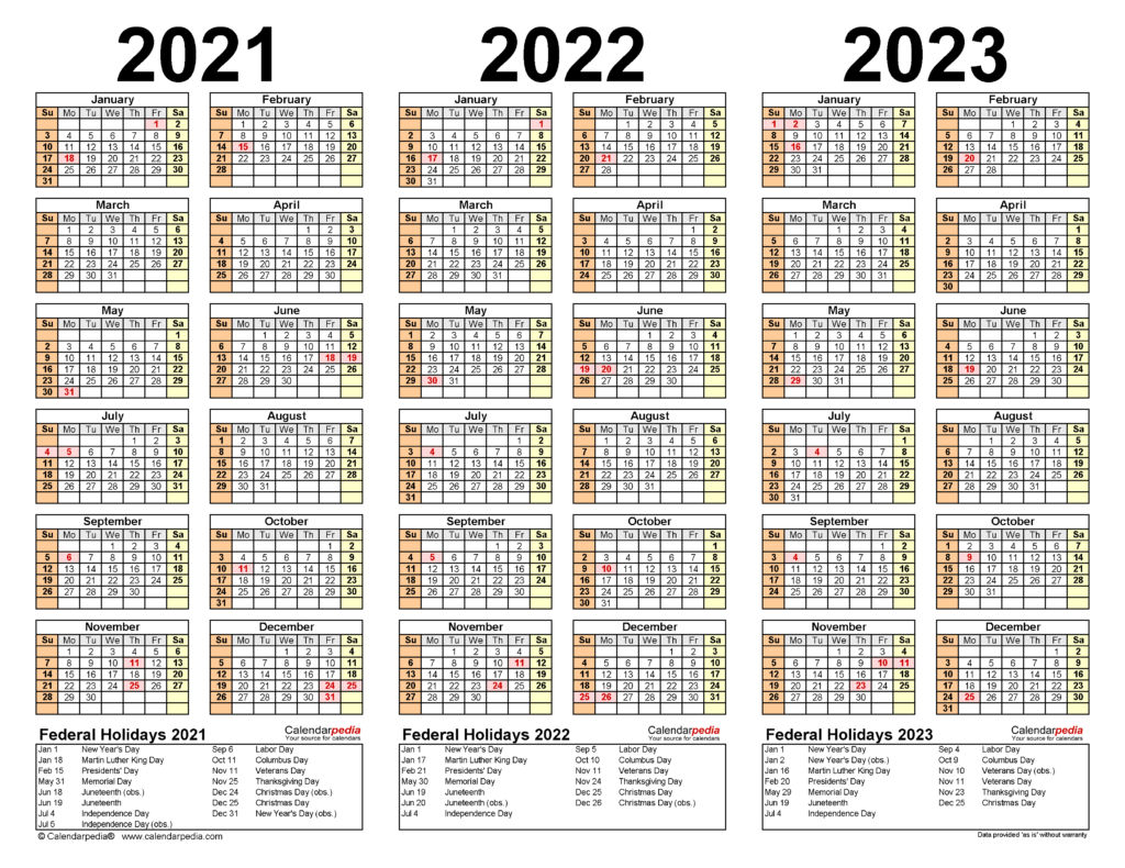 2021 2023 Three Year Calendar Free Printable Excel Templates