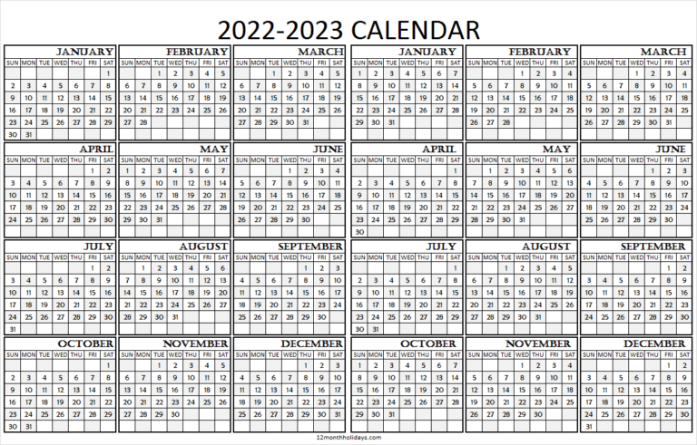 2022 2023 Calendar Printable Template Yearly Calendar Template