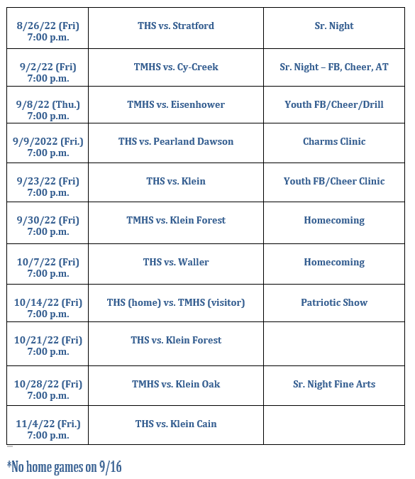 2022 2023 Varsity Home Football Schedule Tomball ISD Stadium