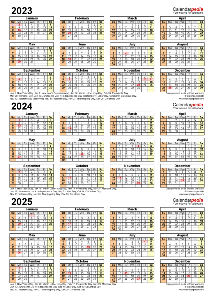 2023 2025 Three Year Calendar Free Printable PDF Templates