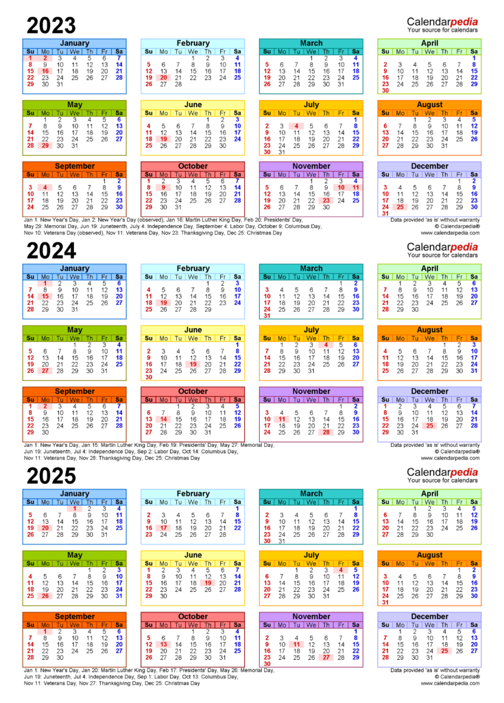 2023 2025 Three Year Calendar Free Printable Word Templates